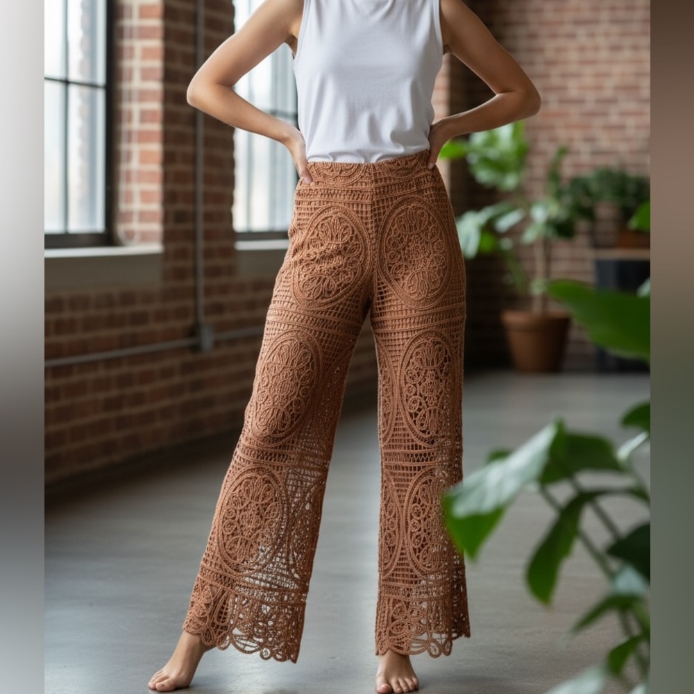 Elie Tahari Crochet Wide Leg Pants in Brown